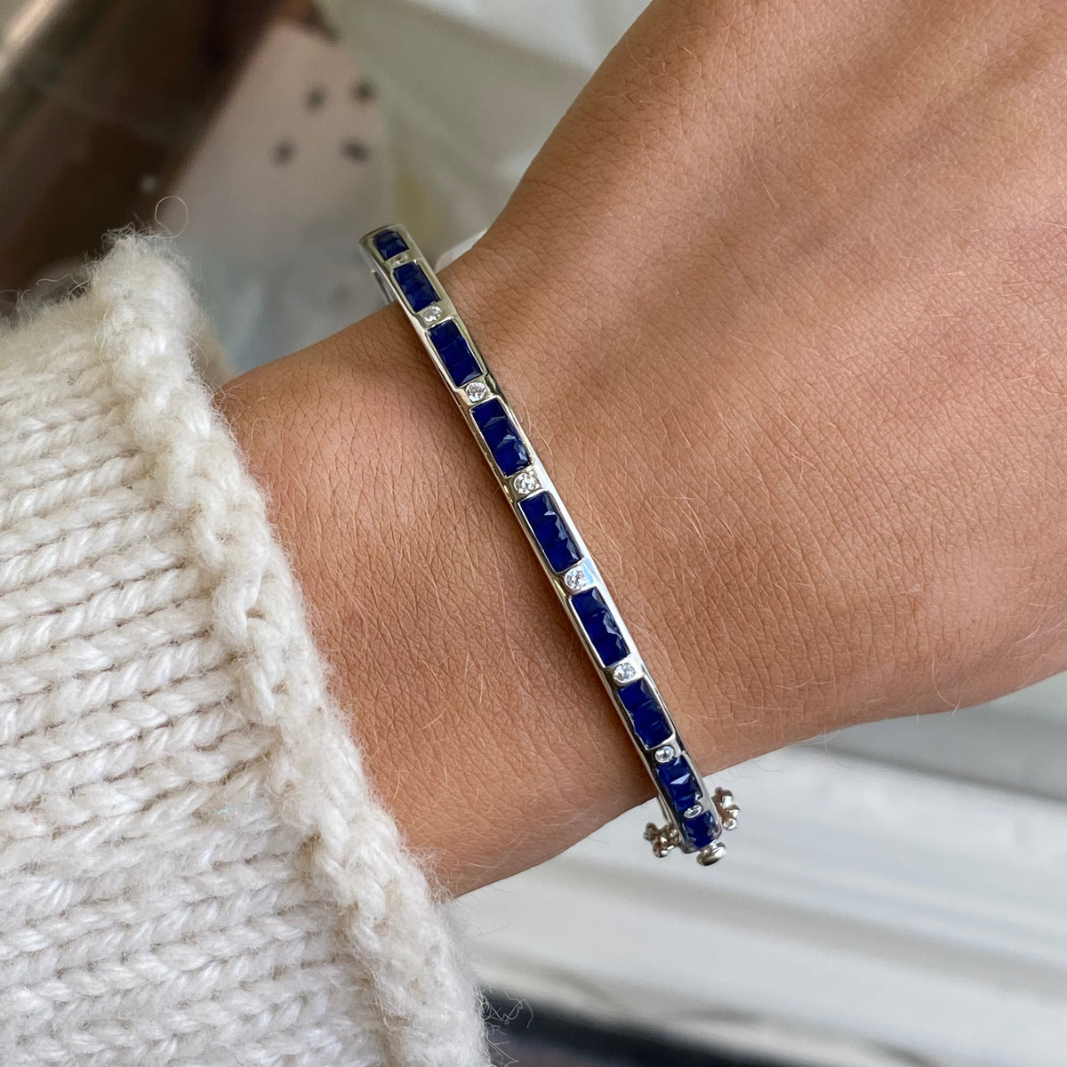 Silver CZ Bangle | Sapphire Blue + White