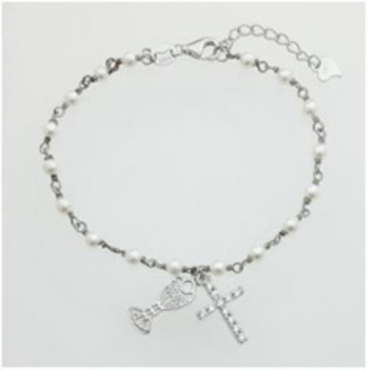 Silver Pearl & CZ Communion Bracelet | 17+3cm - John Ross Jewellers