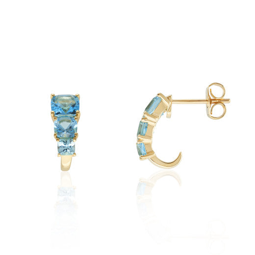 9ct Gold Cushion Cut Blue Topaz J Hoop Earrings - John Ross Jewellers