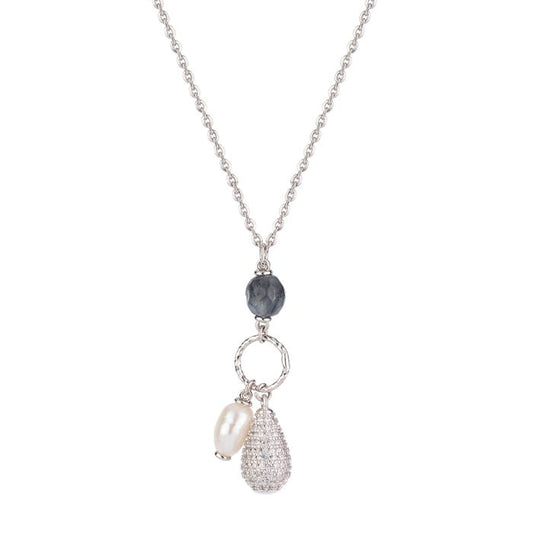 REBECCA Silver Tulip - Crystal, Freshwater Pearl & Denim Hot Stone Necklace - John Ross Jewellers