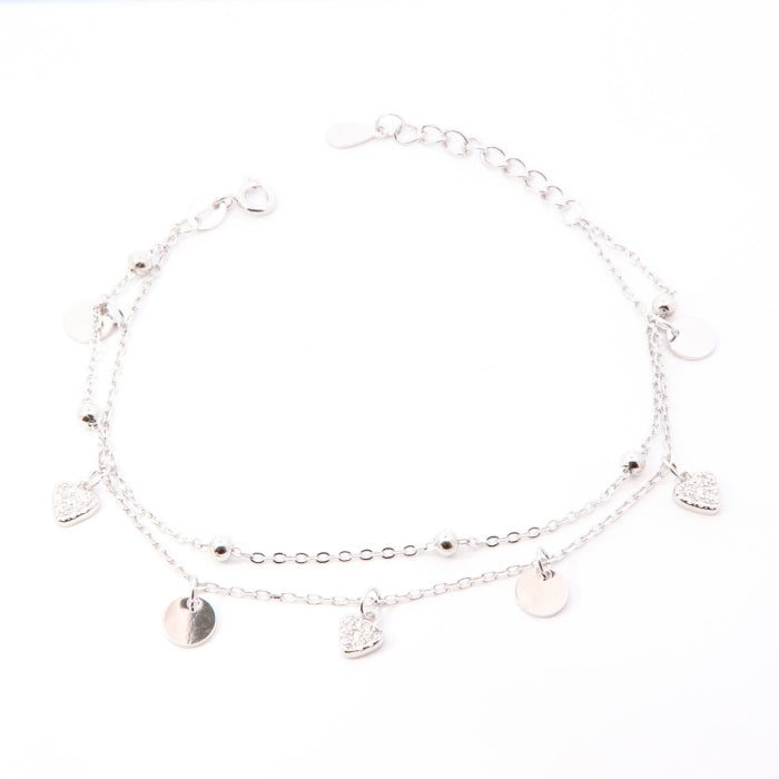 Silver CZ & Disc Double Bracelet | 17+3cm