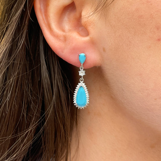 Silver CZ Pear Halo Earring & Necklace Set | Turquoise