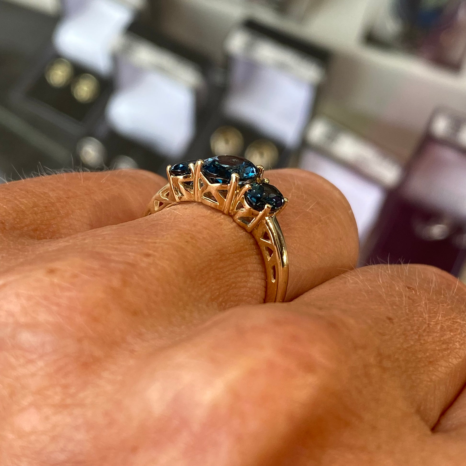 9ct Gold Oval Trilogy Ring - London Blue Topaz - John Ross Jewellers