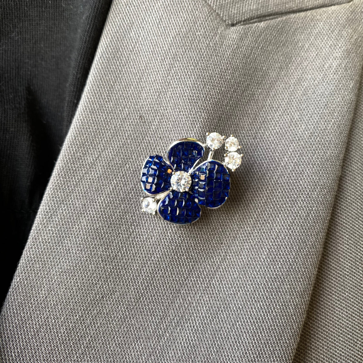 Silver Pretty Poppy CZ Brooch | Sapphire Blue