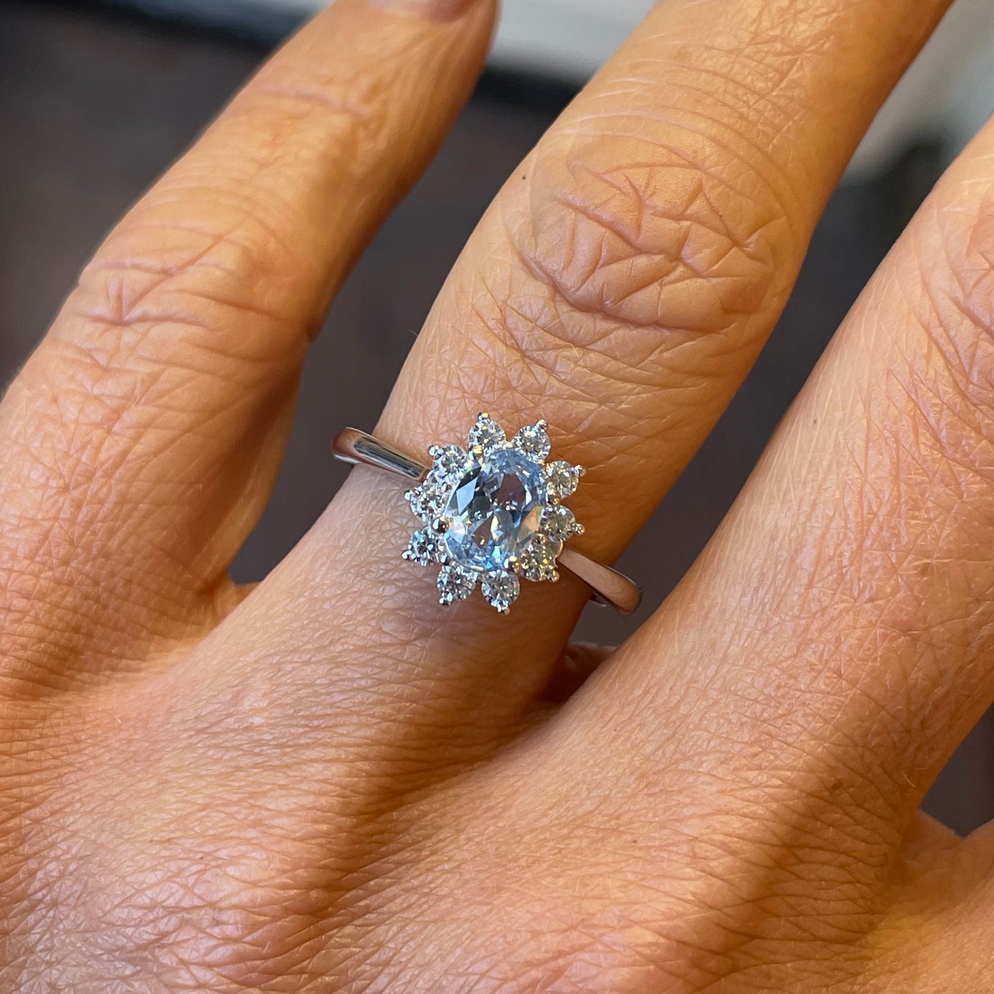 Silver Aqua CZ Oval Cluster ring