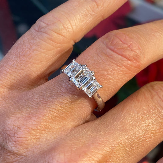Platinum Emerald Cut Trilogy Lab Diamond Engagement Ring | 2.17ct Certificated - John Ross Jewellers