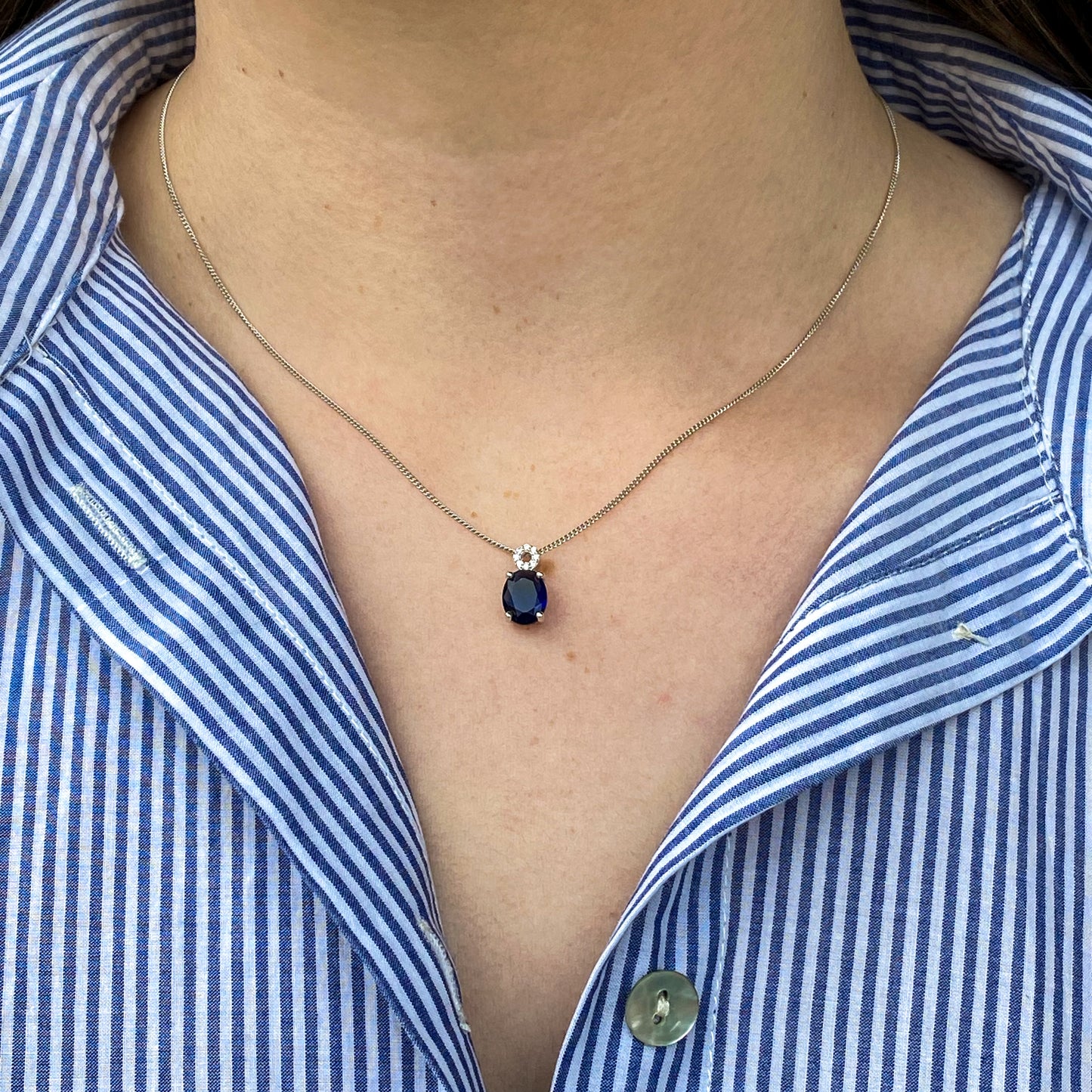 Silver CZ Oval Necklace | Sapphire Blue