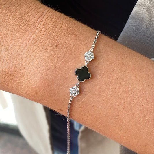 Silver CZ Bracelet | Onyx Quatrefoil