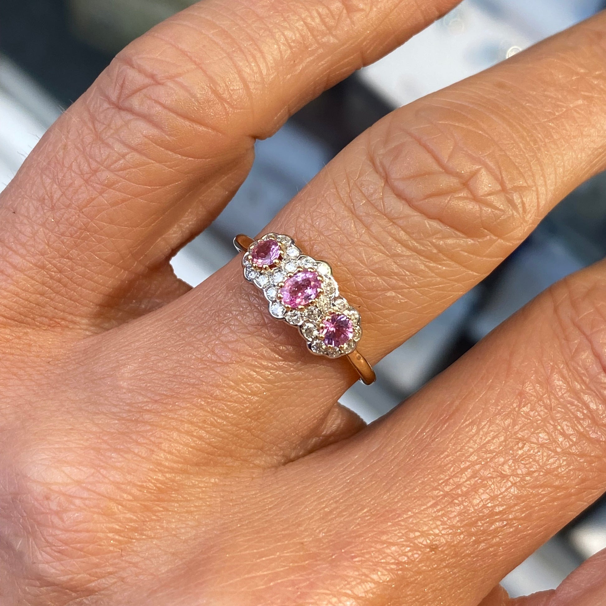 9ct Gold Pink Sapphire & Diamond Trilogy Ring - John Ross Jewellers