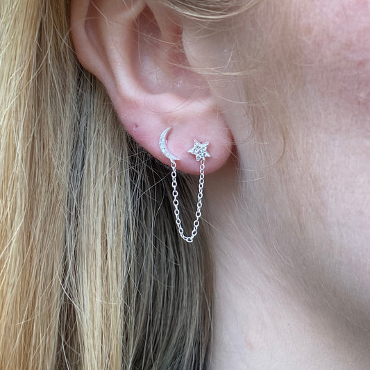 Silver CZ Moon & Star & Chain Stud Earrings