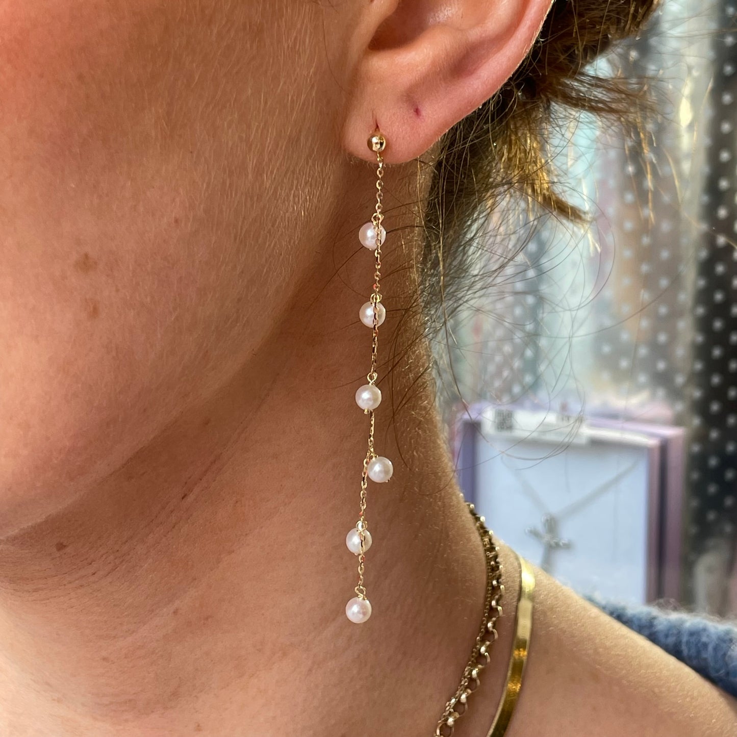 Mark Milton 9ct gold freshwater pearl long drop earrings with elegant pearl and gold design, perfect for special occasions.