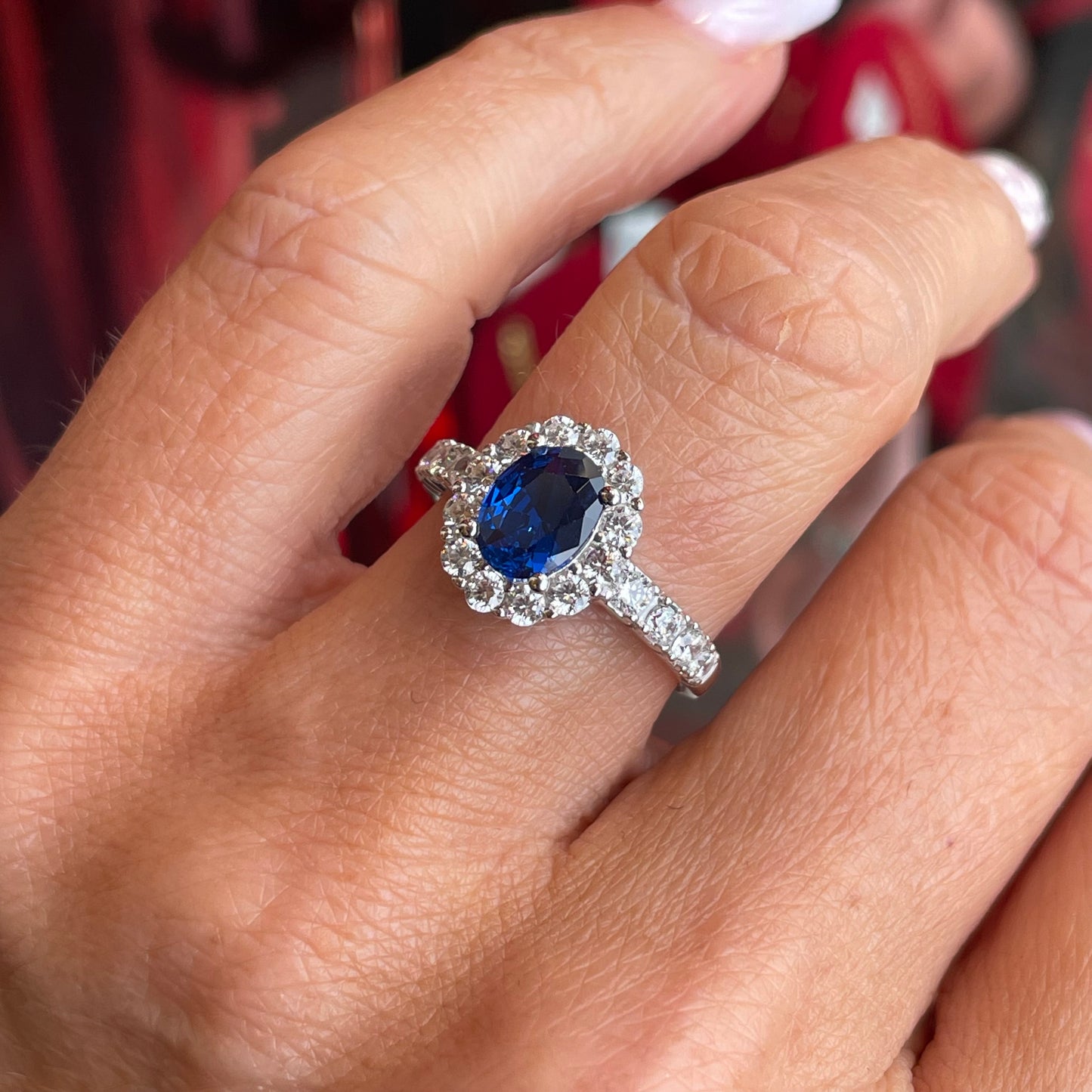 Silver Oval Diana Cluster Ring with Shoulders | Sapphire Blue