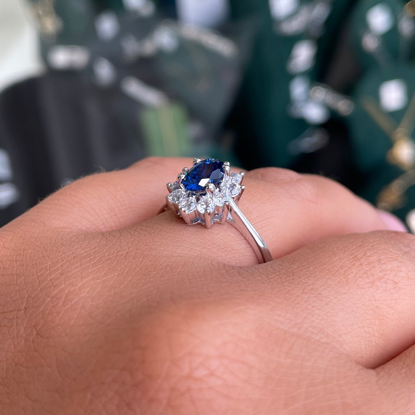 Silver CZ Diana Cluster Ring | Sapphire Blue
