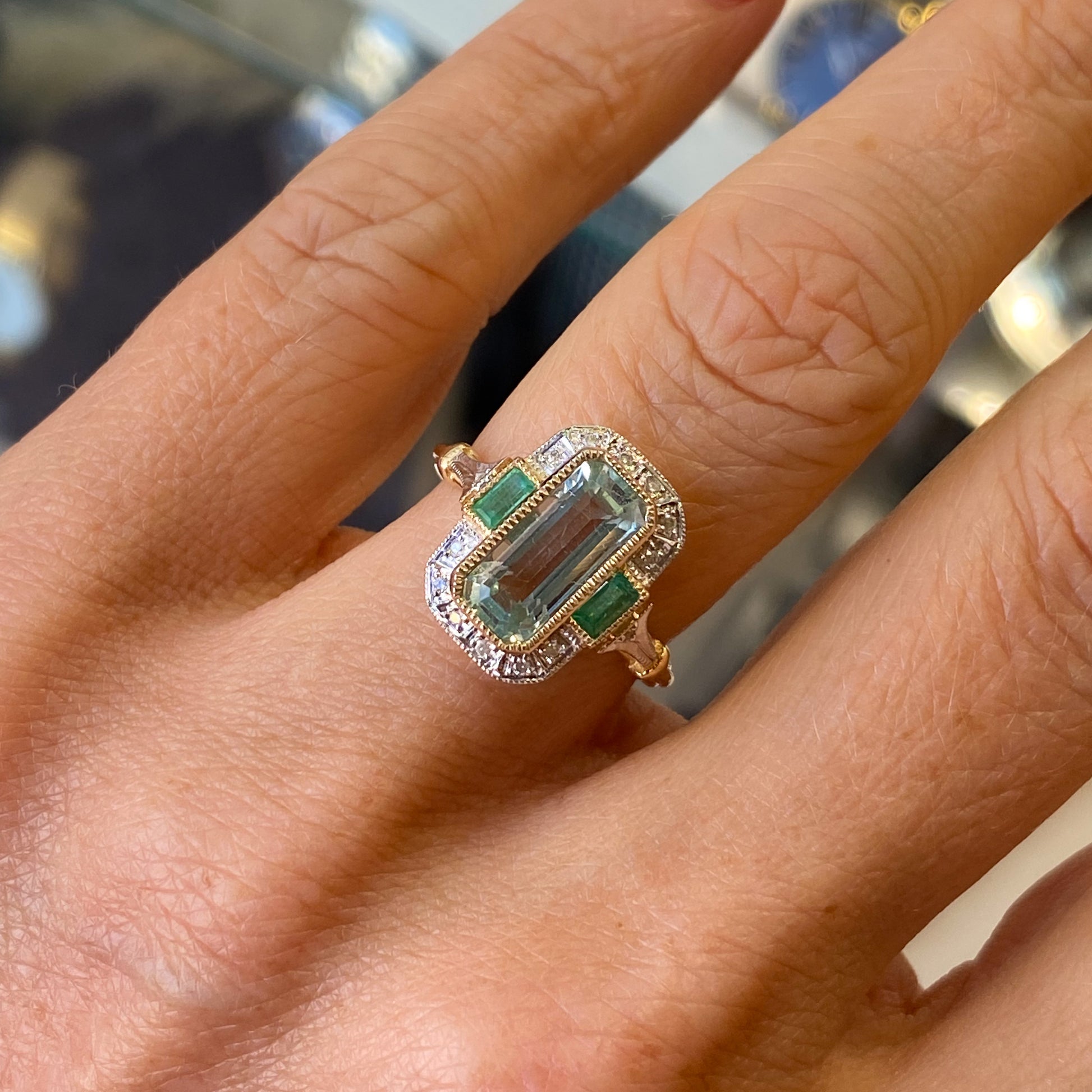 9ct Gold Aquamarine, Emerald & Diamond Ring - John Ross Jewellers