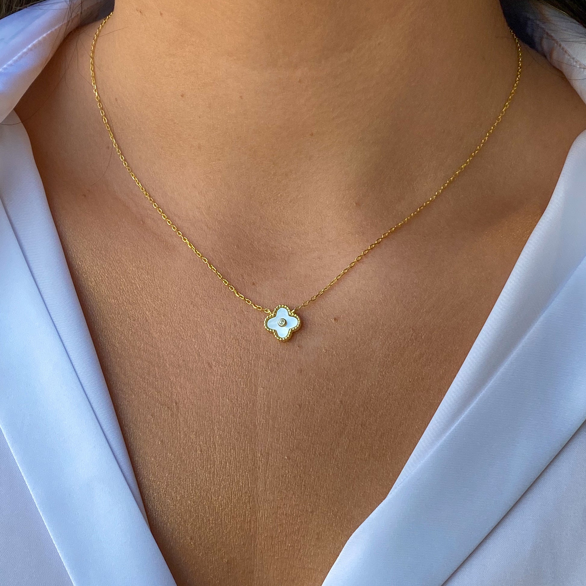 Sunshine Quatrefoil Pendant Necklace | Mother Of Pearl & CZ - John Ross Jewellers