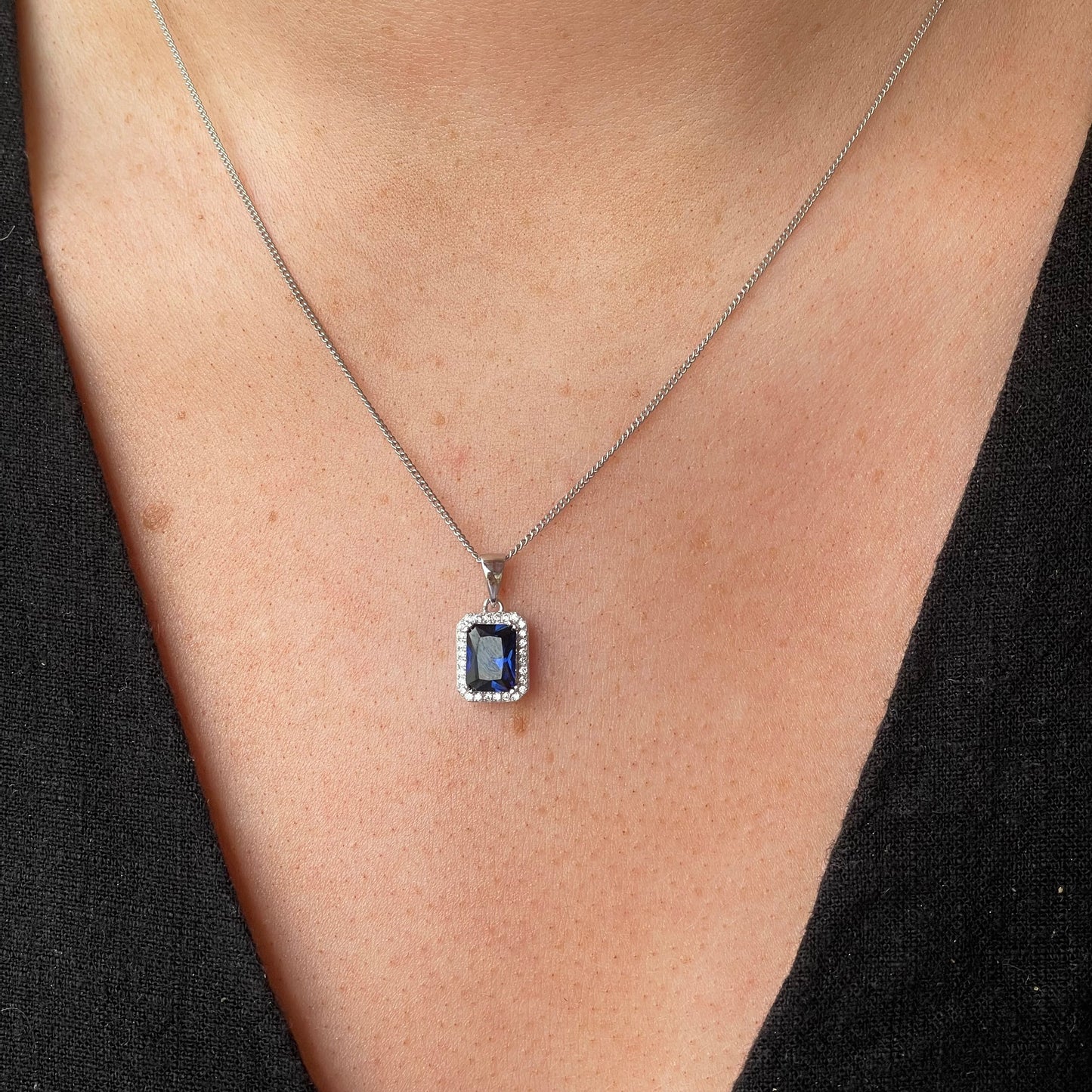 Silver Emerald Halo CZ Necklace | Sapphire Blue - John Ross Jewellers