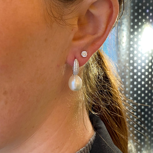 Silver 9x11mm Freshwater Pearl & CZ Drop Earrings - John Ross Jewellers