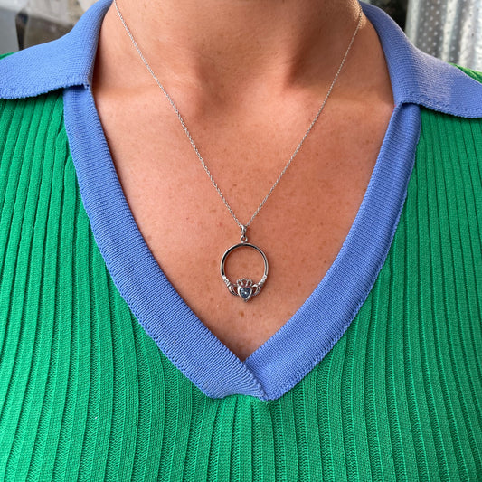 Silver Blue CZ Claddagh Necklace - John Ross Jewellers