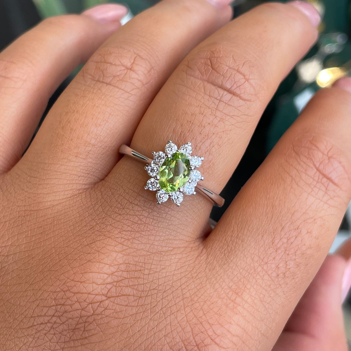 Silver Peridot & CZ Diana Cluster Ring