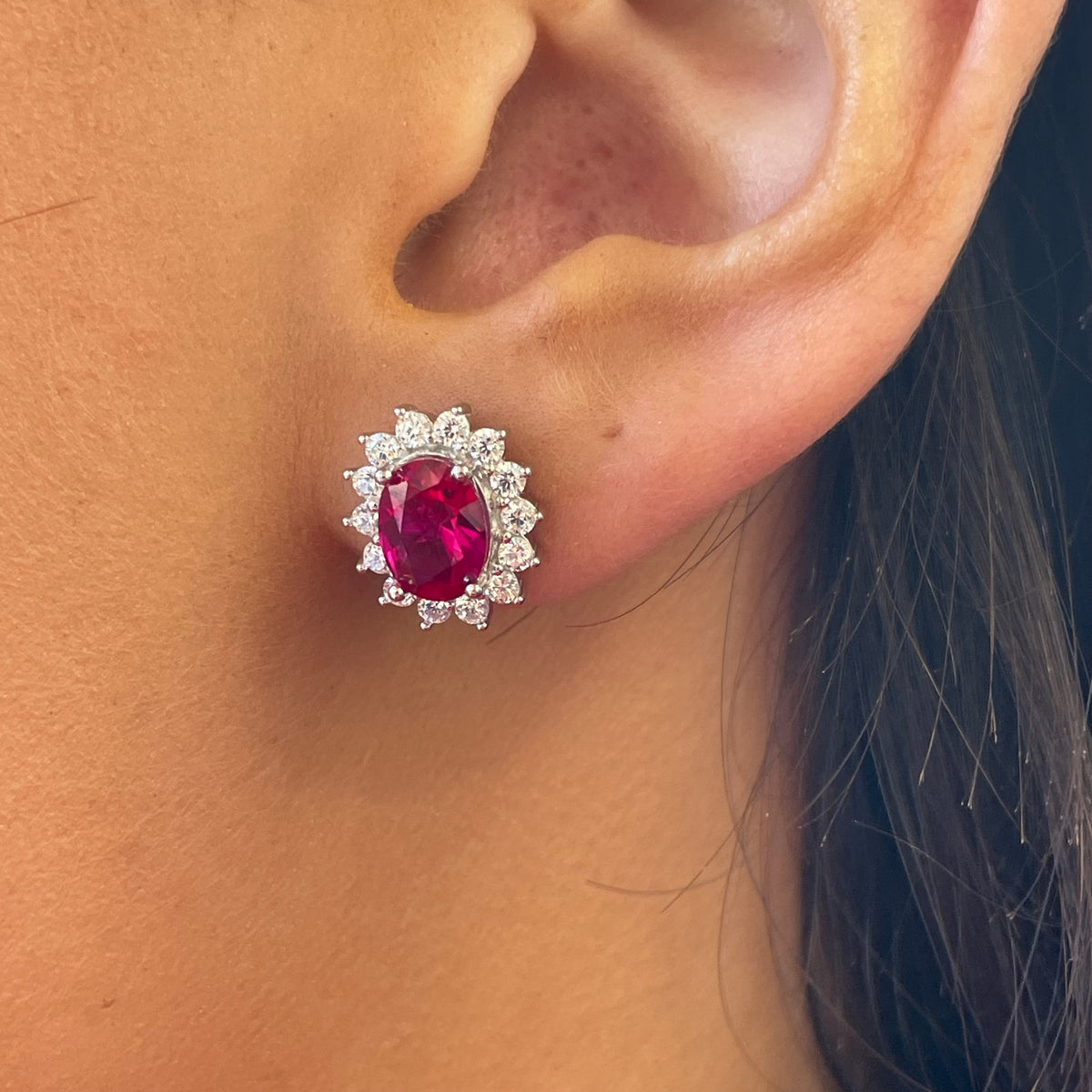 Silver CZ Diana Stud Earrings | Ruby Red