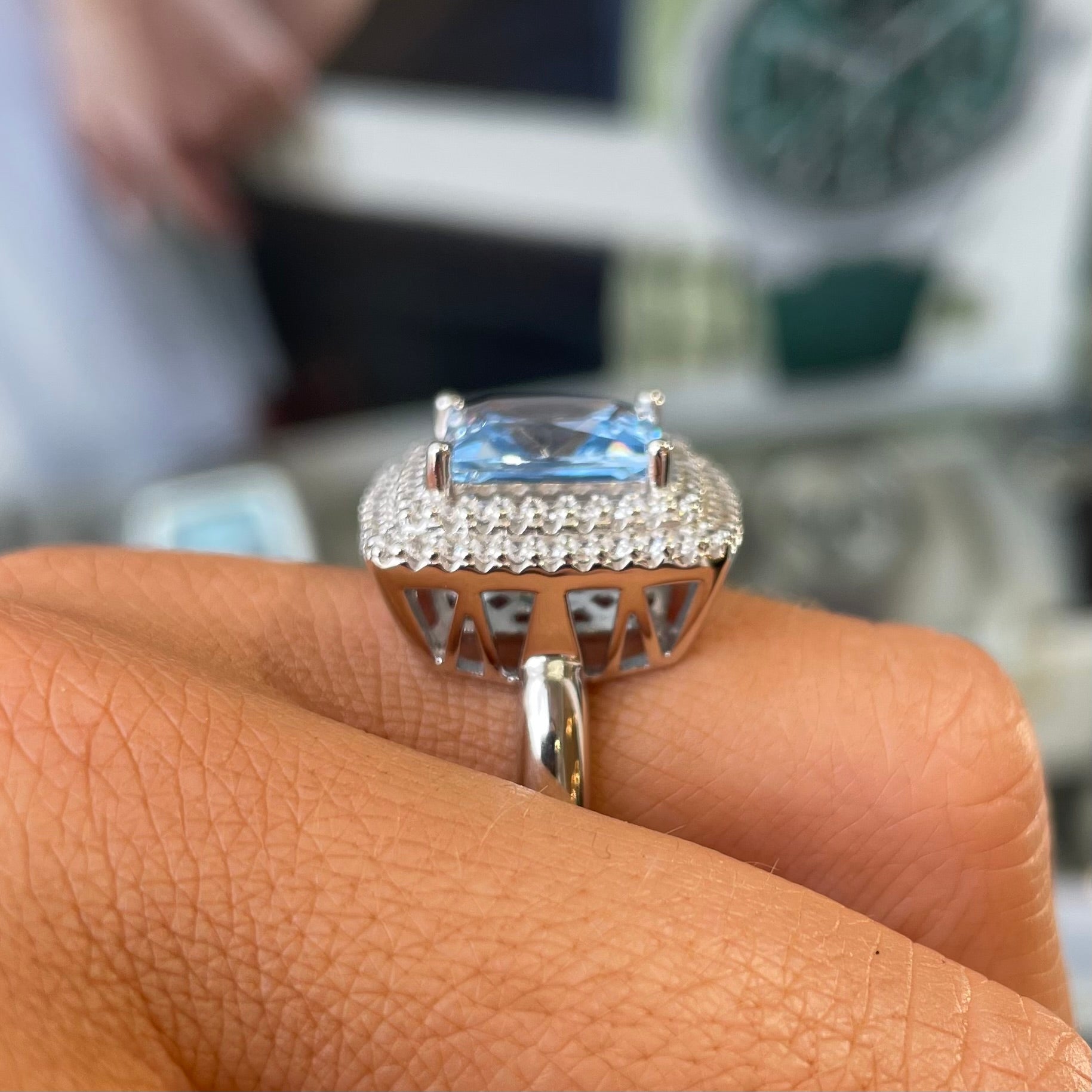 Silver Aqua Double Halo Ring - John Ross Jewellers