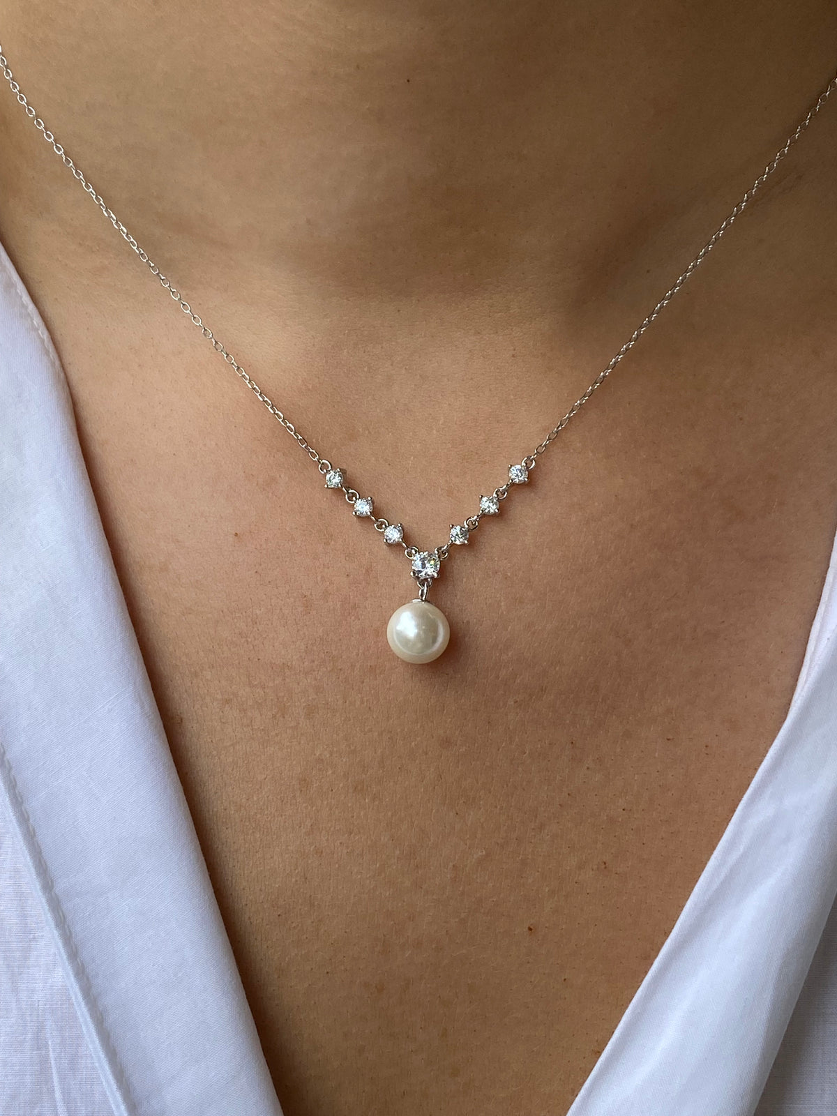 Silver CZ Pearl Drop Necklace