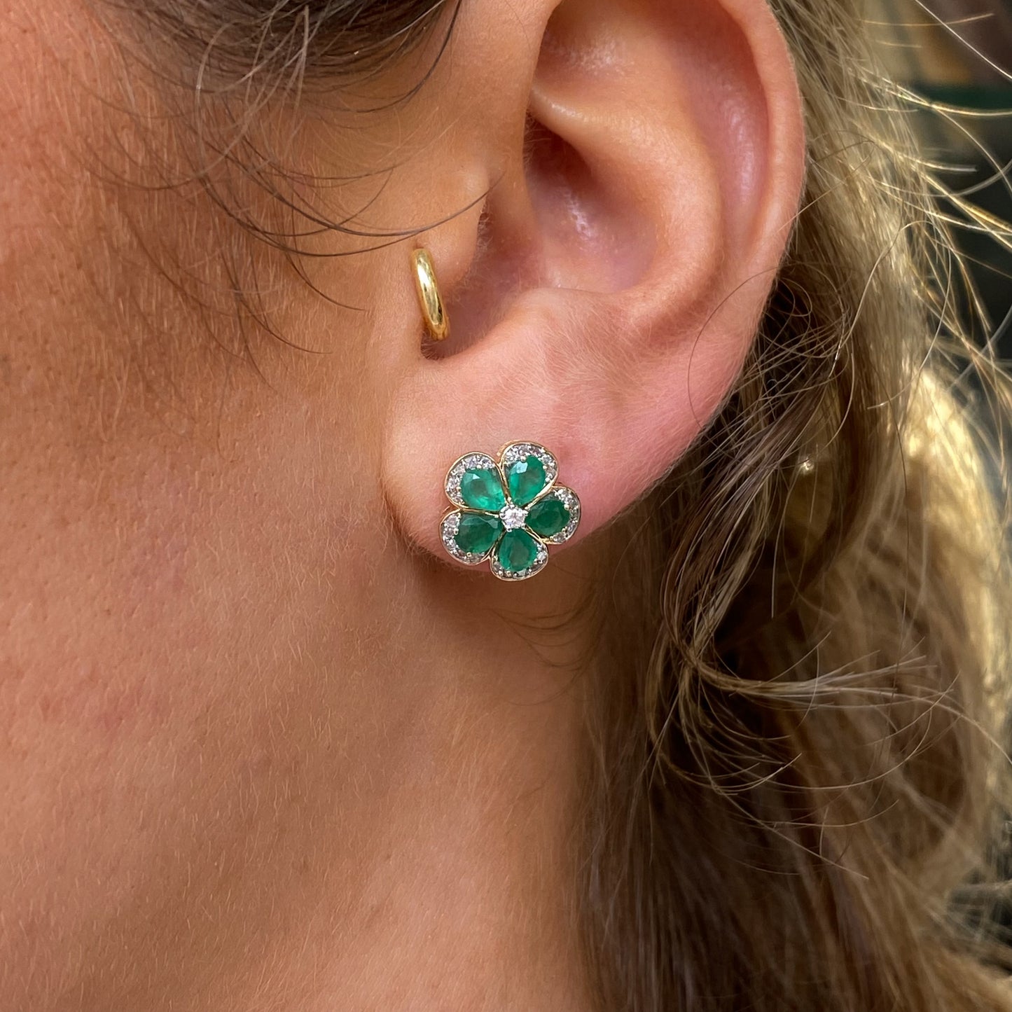 14ct Gold Emerald & Diamond Floral Stud Earrings