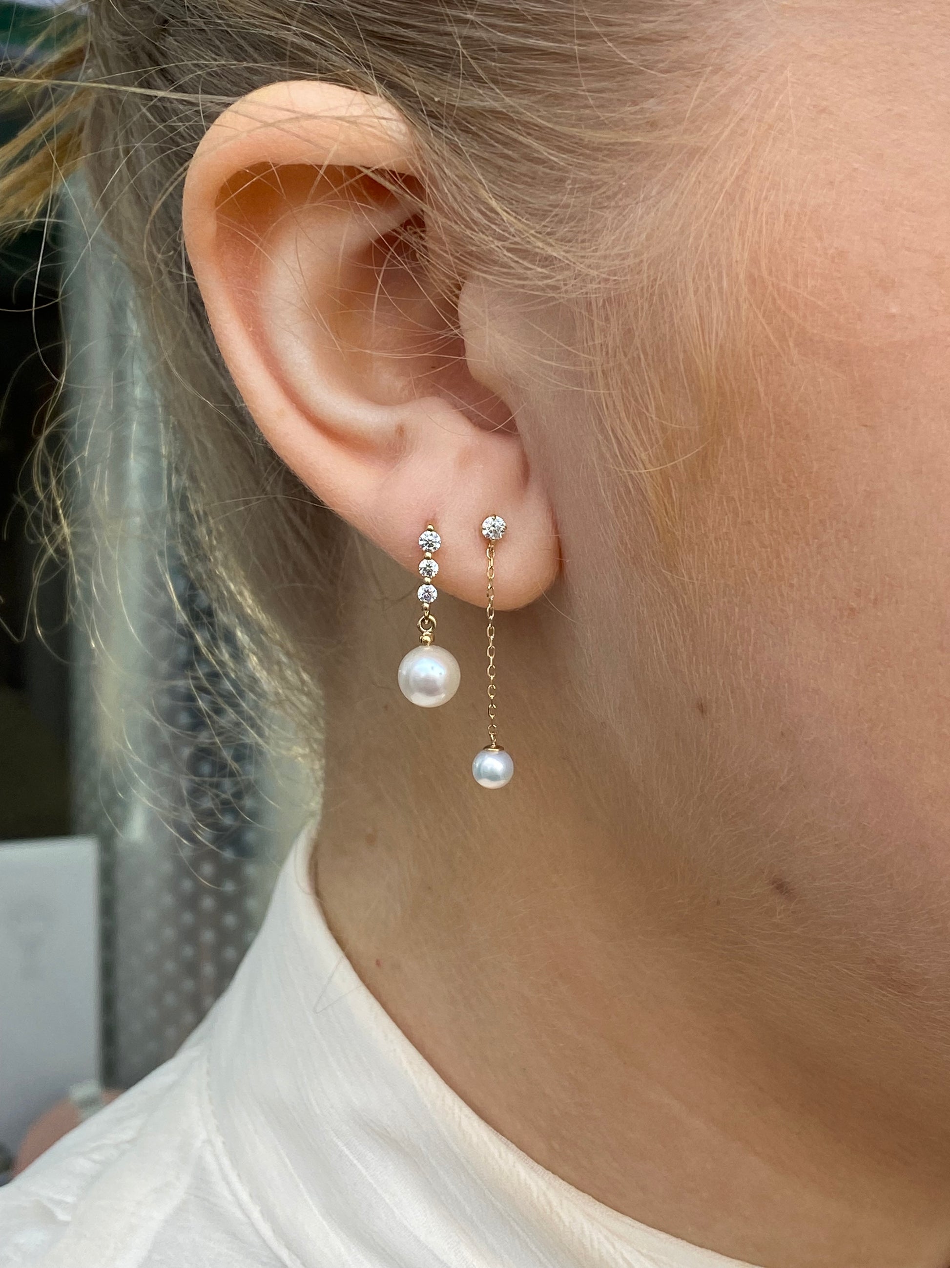 9ct Gold CZ & Pearl Chain Drop Earrings - John Ross Jewellers