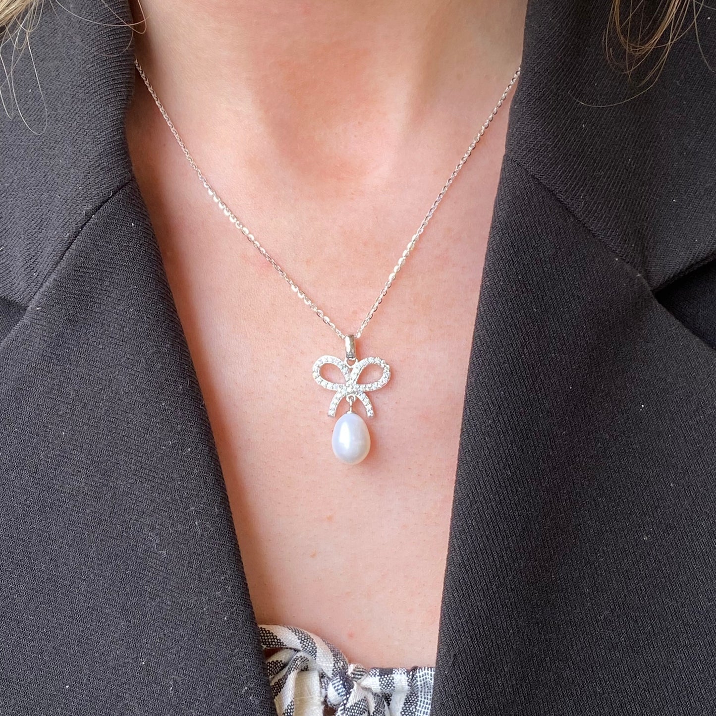 Silver 8x10mm Freshwater Pearl & CZ Bow Necklace | 18" - John Ross Jewellers