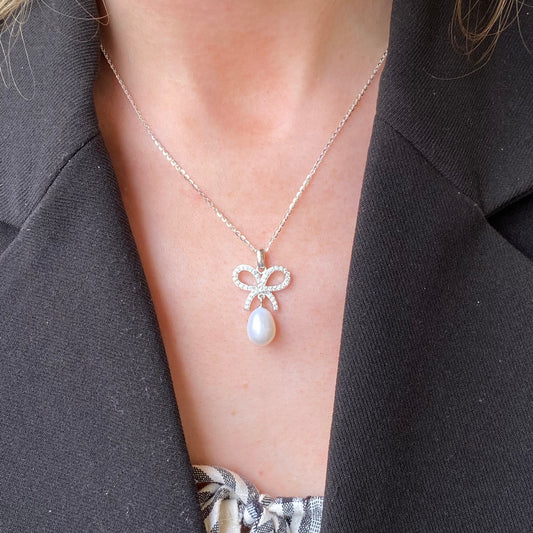 Silver 8x10mm Freshwater Pearl & CZ Bow Necklace | 18" - John Ross Jewellers