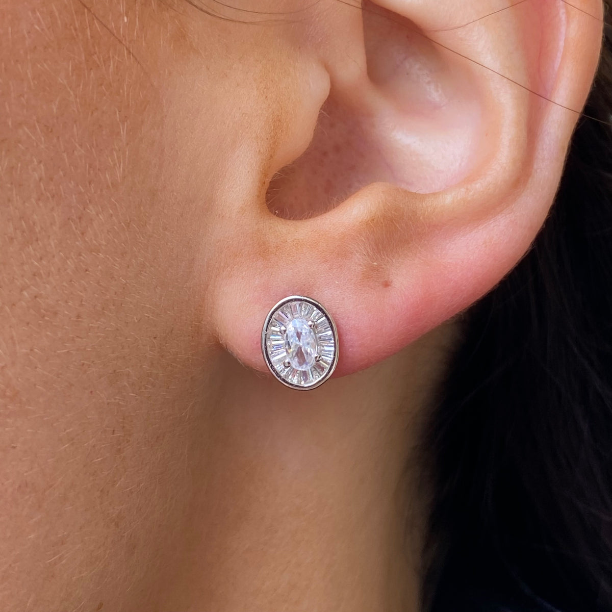 Silver Oval Cut CZ Halo Stud Earrings