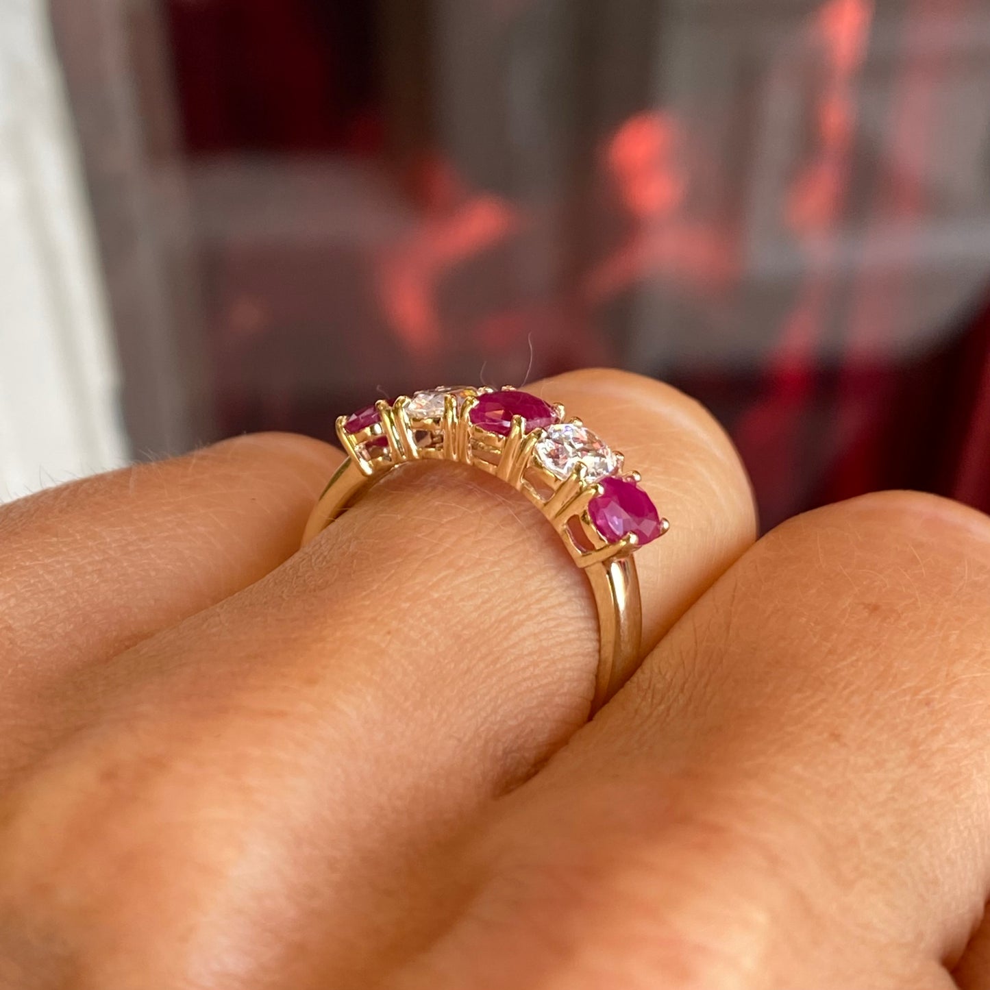 9ct Gold Oval Five Stone Eternity Ring - Ruby & CZ - John Ross Jewellers