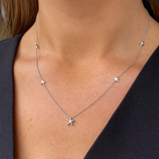 9ct White Gold Diamond Stars Necklace