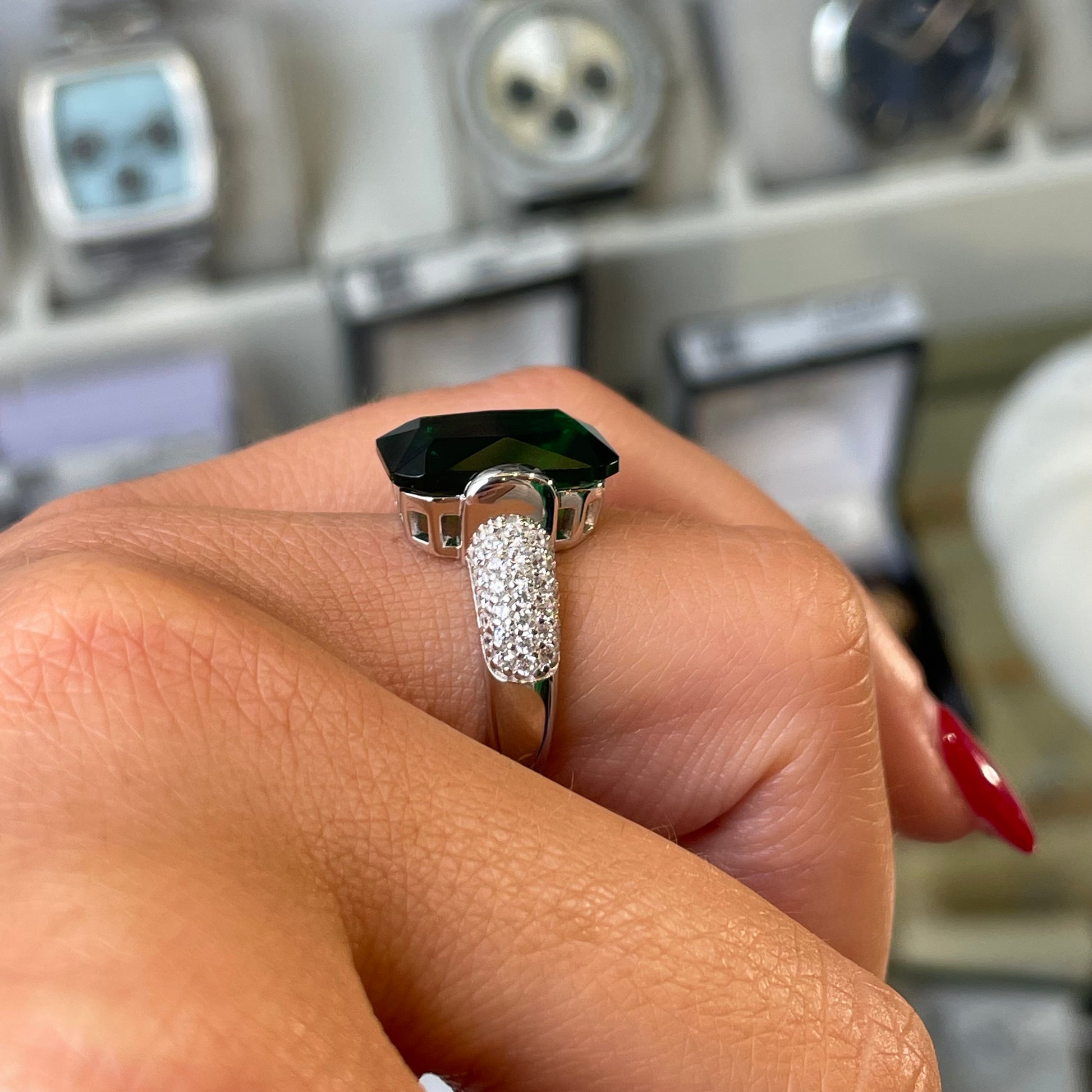 Silver Emerald Green CZ Statement Solitaire Ring - John Ross Jewellers