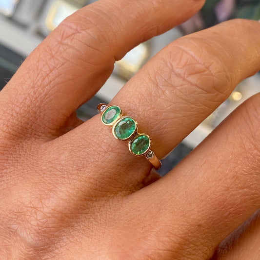 9ct Gold Emerald & Diamond Trilogy Ring