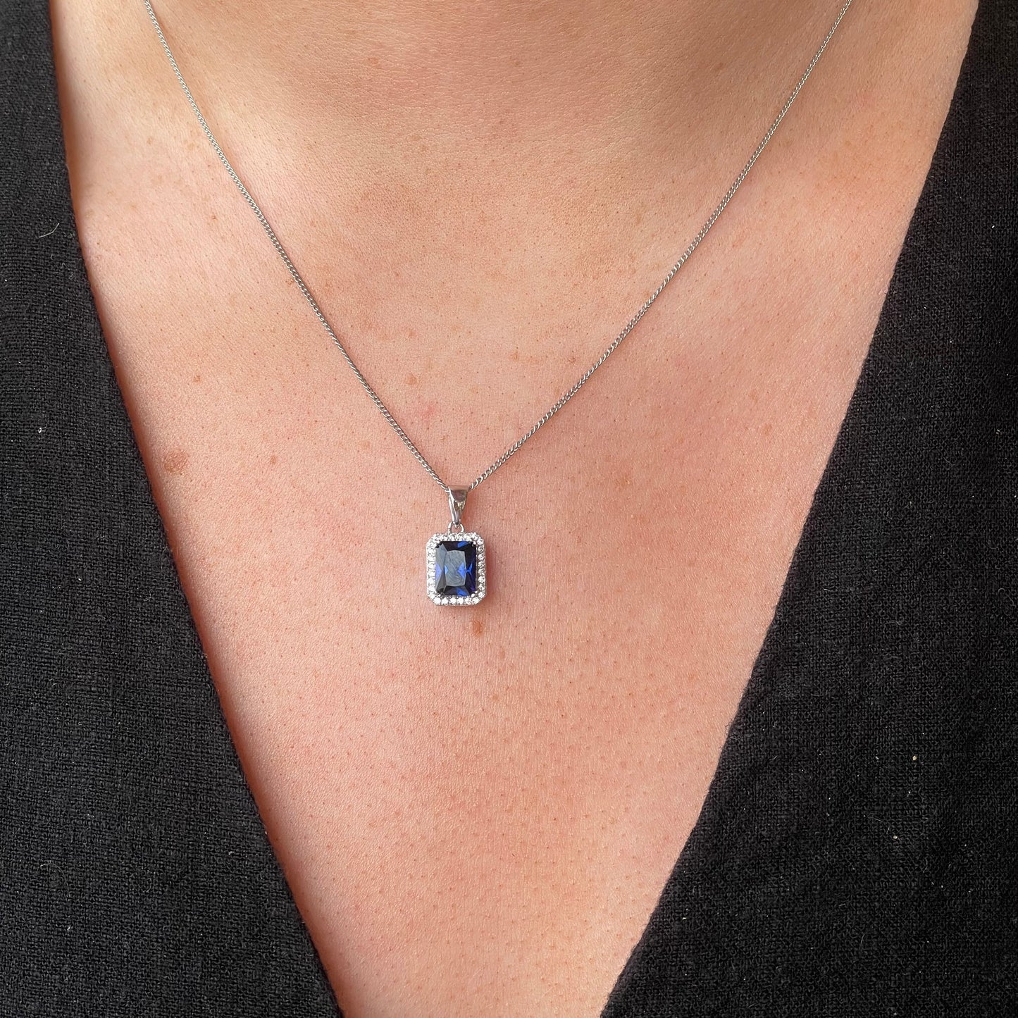 Silver Emerald Halo CZ Necklace | Sapphire Blue - John Ross Jewellers