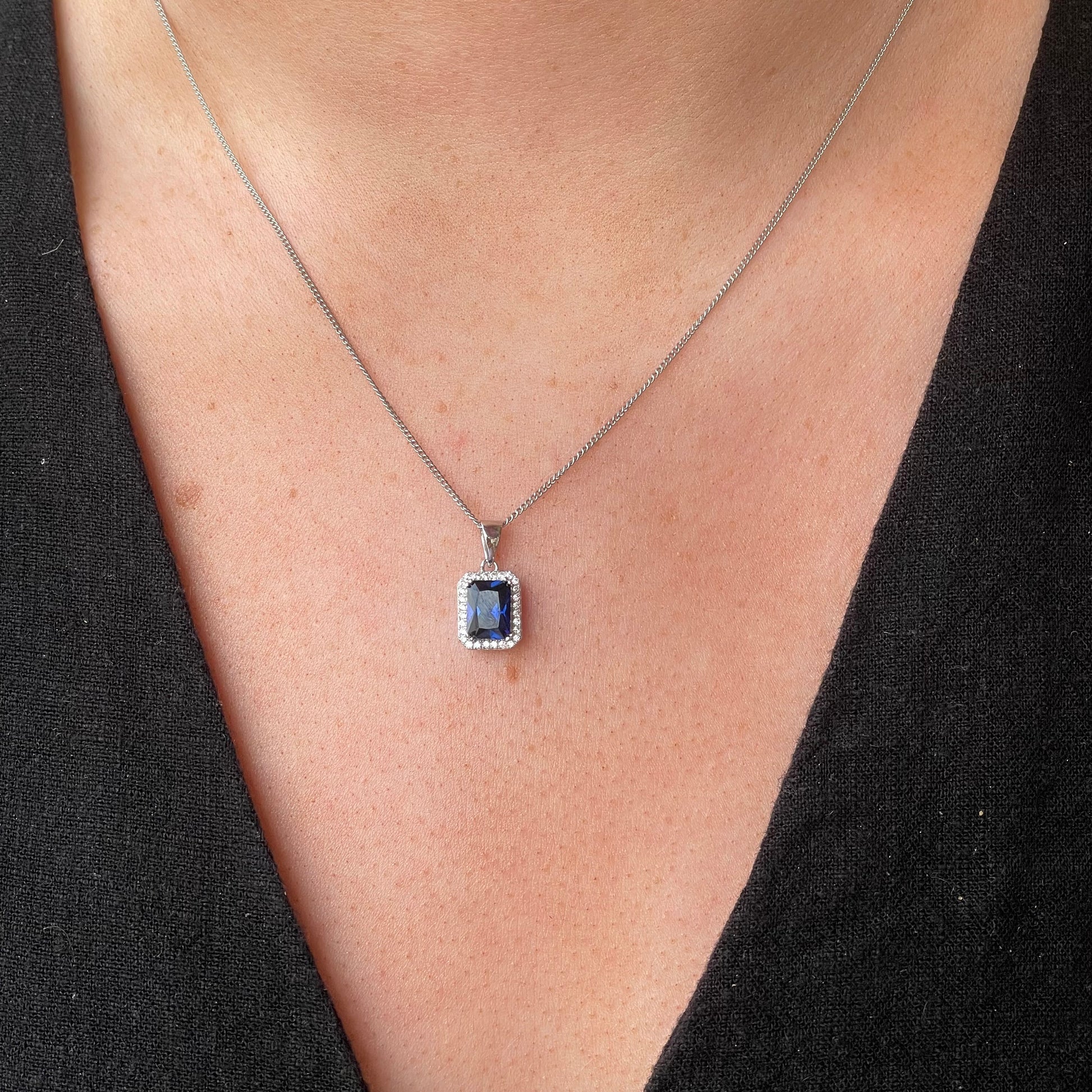 Silver Emerald Halo CZ Necklace | Sapphire Blue - John Ross Jewellers