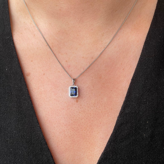 Silver Emerald Halo CZ Necklace | Sapphire Blue - John Ross Jewellers
