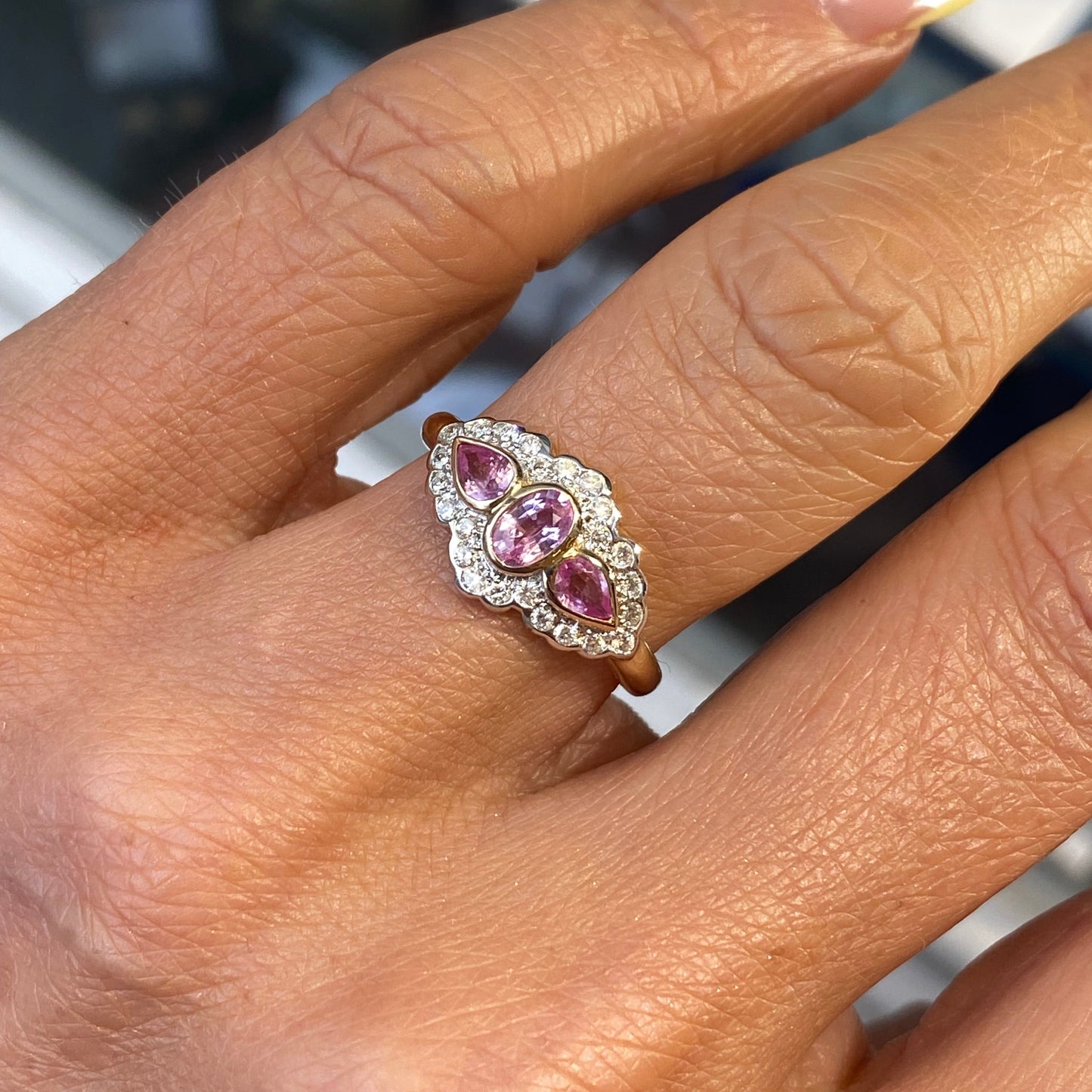 9ct Gold Pink Sapphire & Diamond Trilogy Ring - John Ross Jewellers