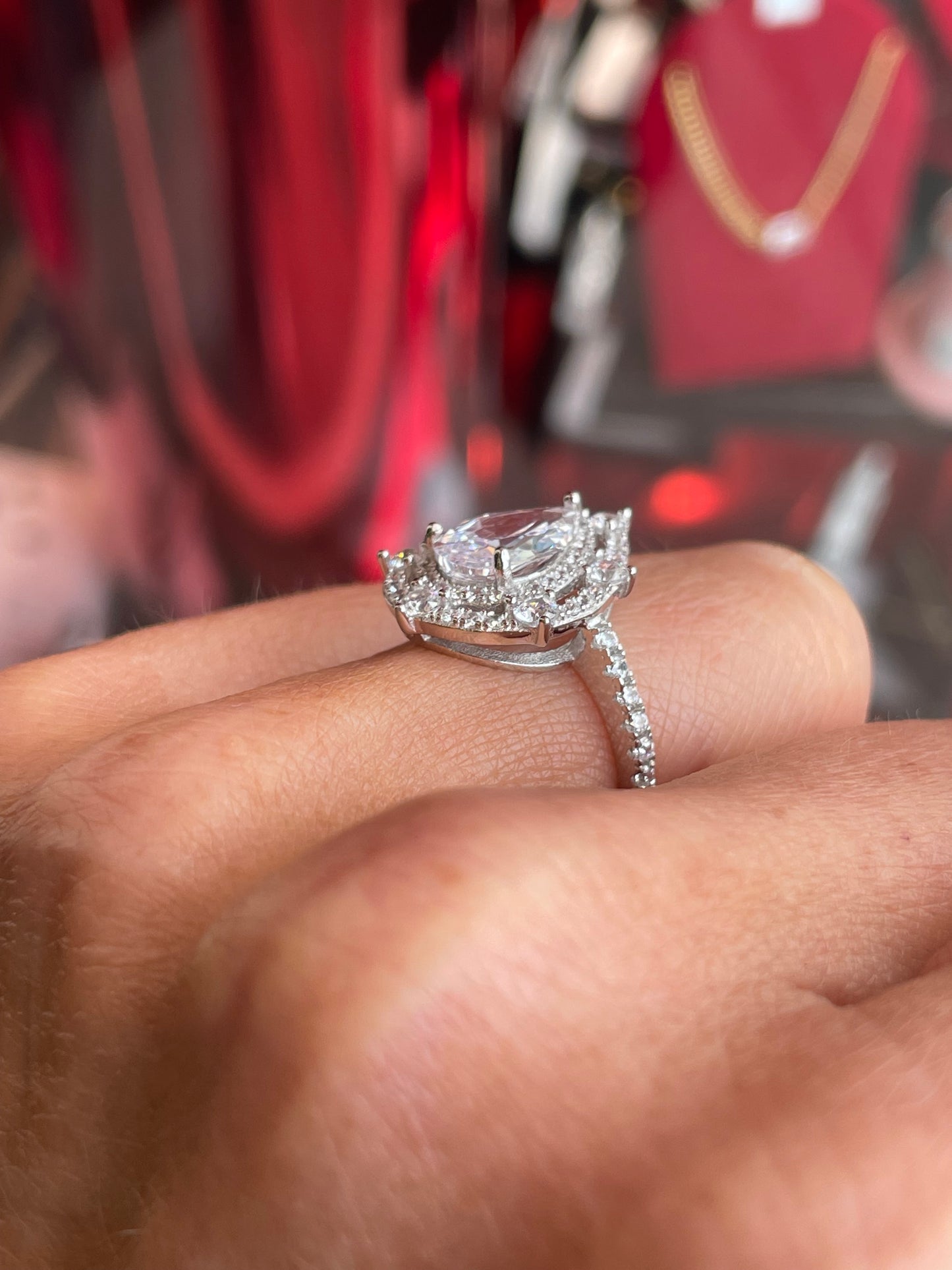 Silver Decorative Pear Halo Ring