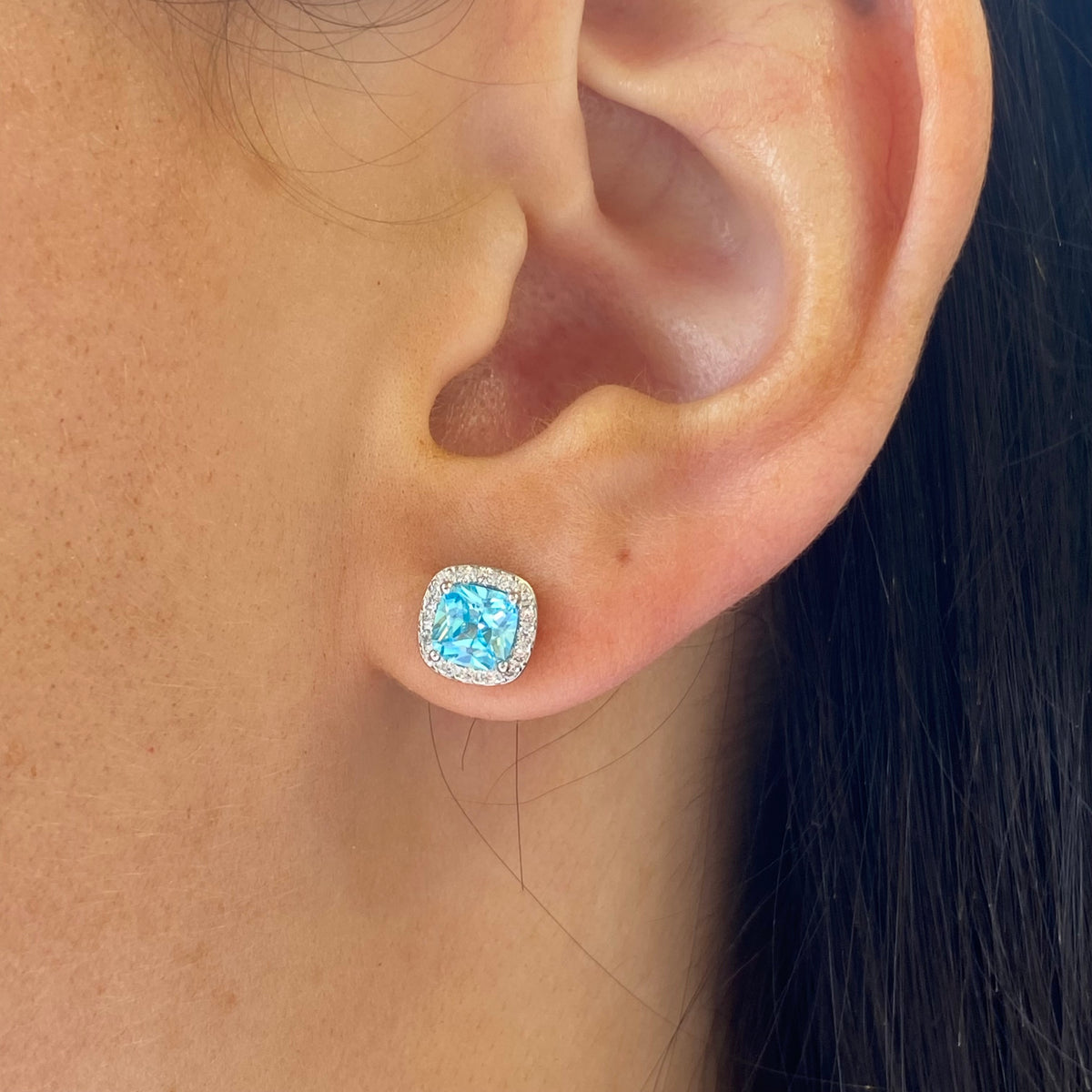 Silver Square Halo CZ Stud Earrings | Aqua Blue