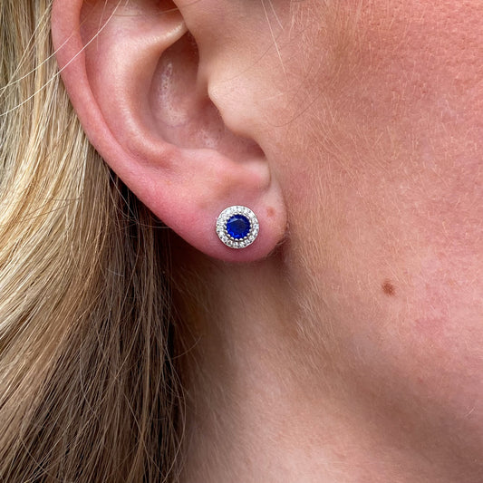 Silver Totsy CZ Halo Stud Earrings| Sapphire Blue - John Ross Jewellers