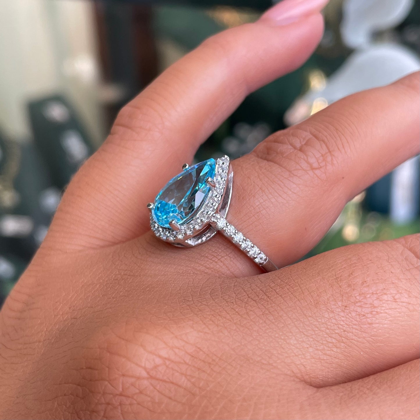 Silver Pear CZ Halo Solitaire Ring | Swiss Blue