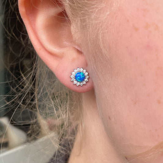 Silver Round Blue Opalique & CZ Stud Earrings