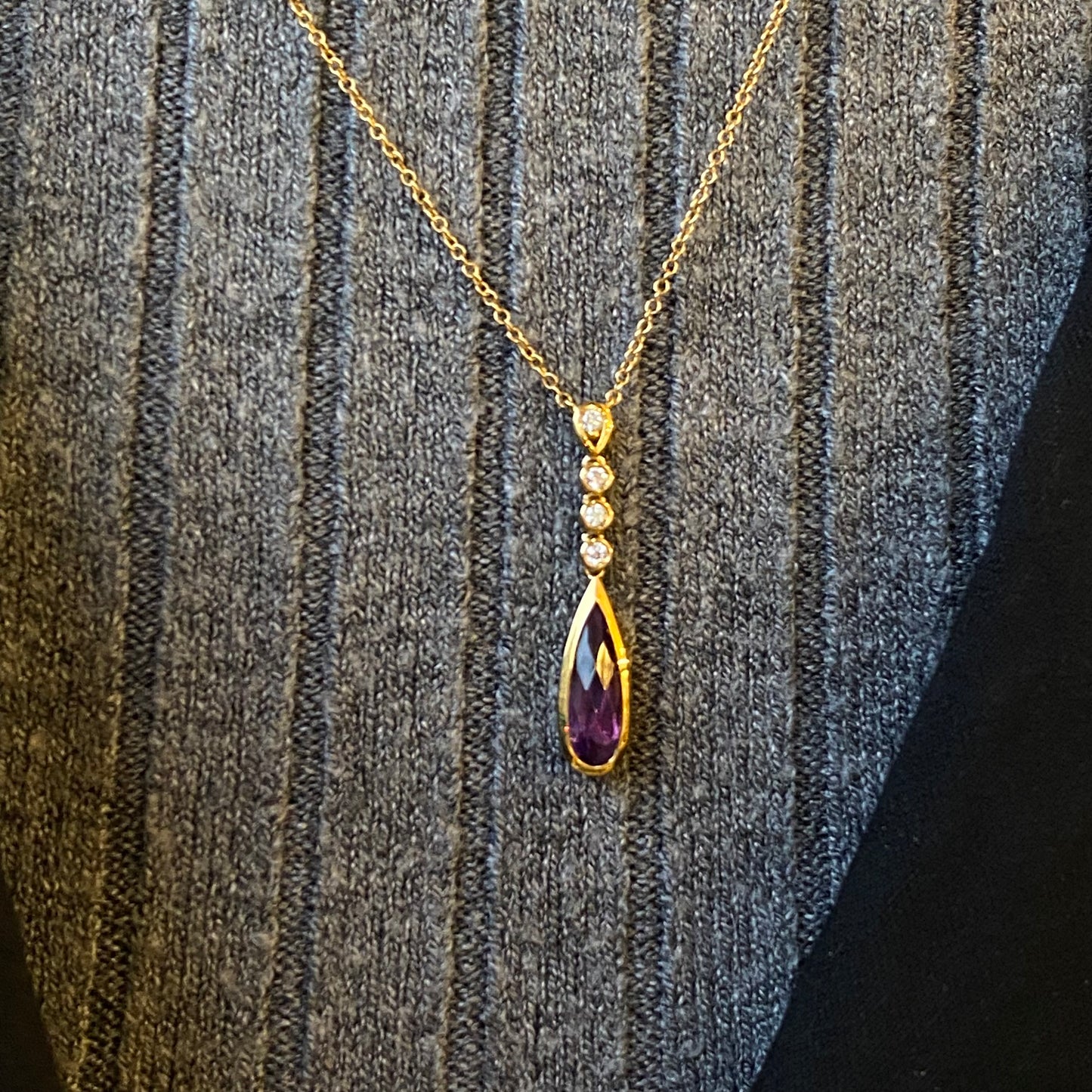 9ct Gold Pear Amethyst & Diamond Necklace