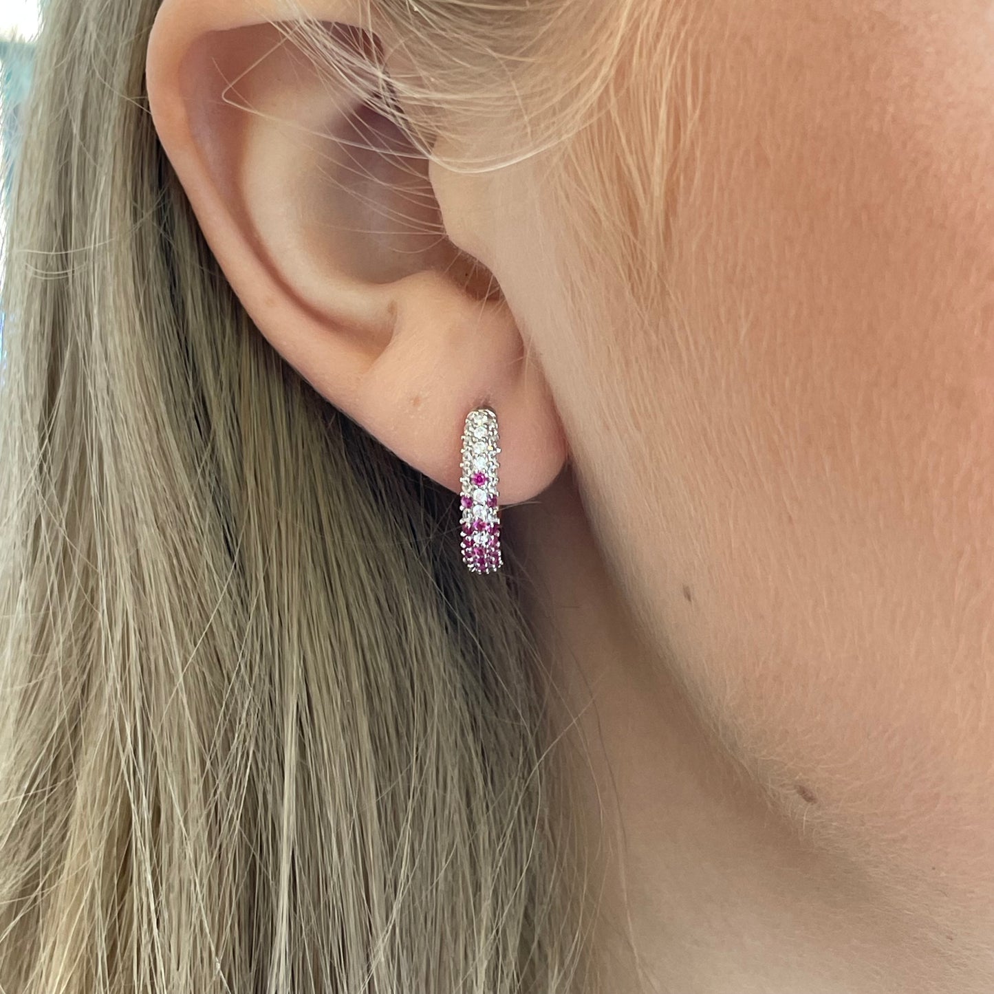 Silver Pink Ombre Huggie Hoop Earrings