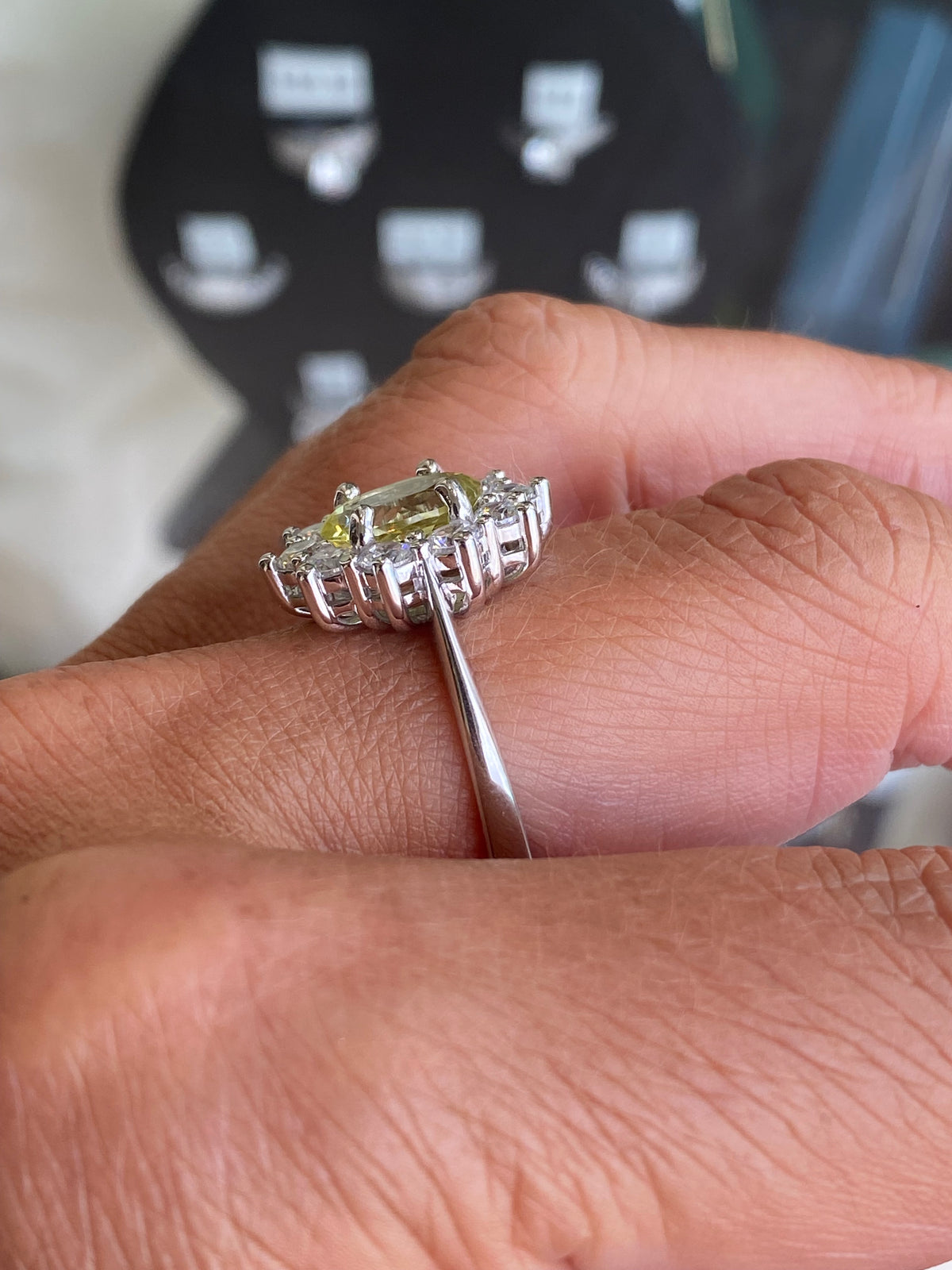 Silver Pale Peridot & CZ Diana Cluster Ring