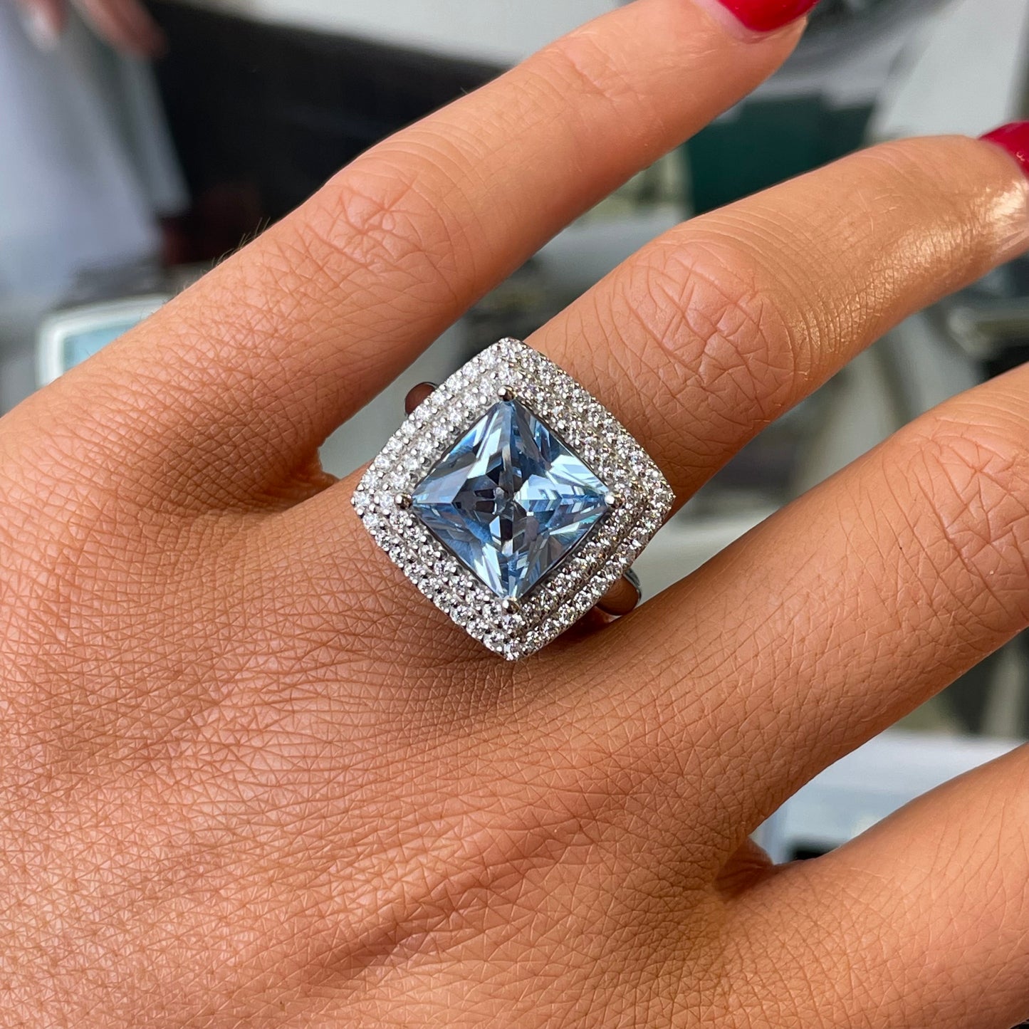 Silver Aqua Double Halo Ring - John Ross Jewellers