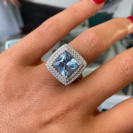 Silver Aqua Double Halo Ring - John Ross Jewellers