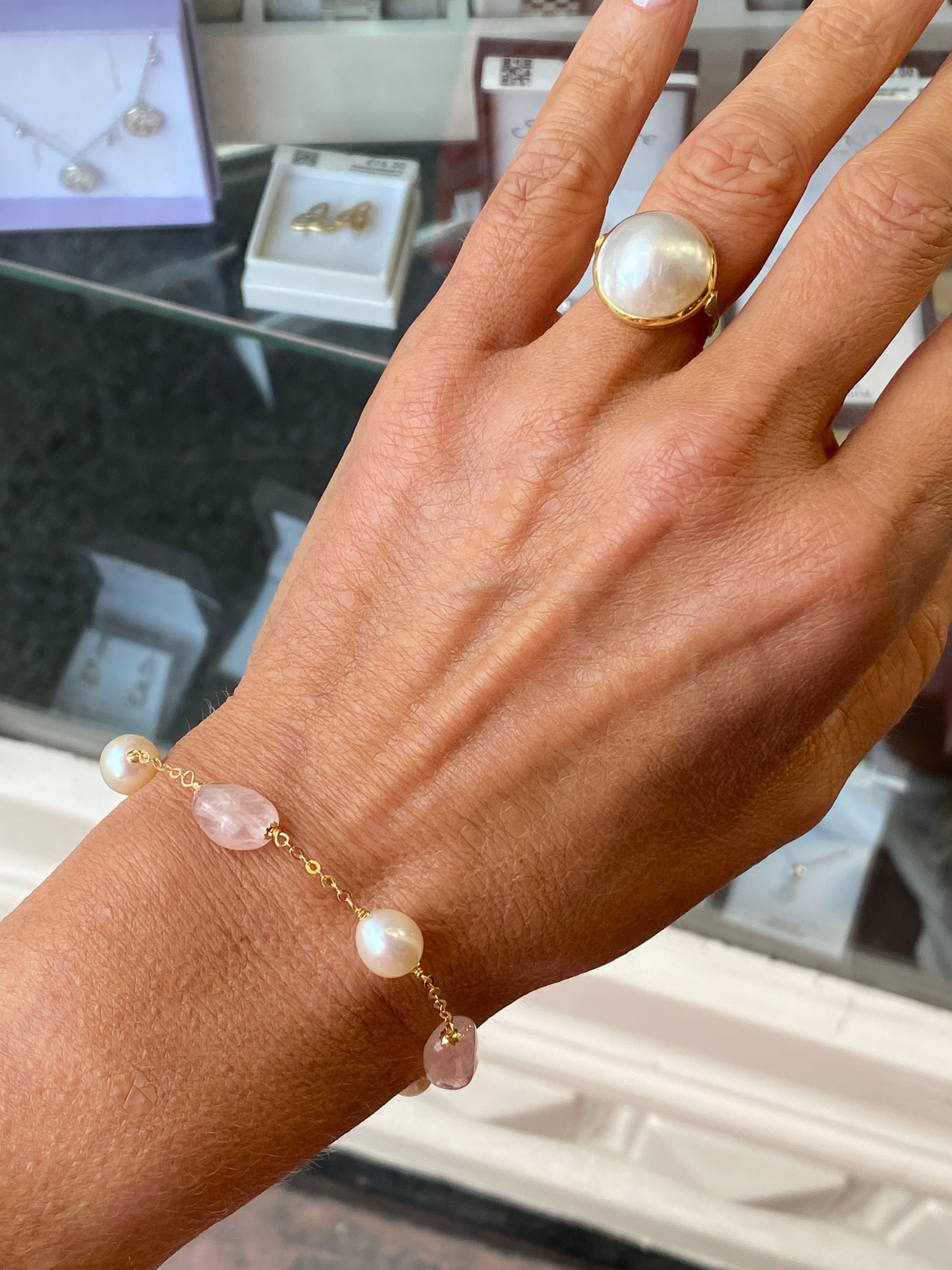 18ct Gold Rose Quartz, Pearl & Chain Bracelet